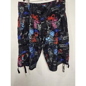 KOMAN JEANS Black Colorful skulls Long Shorts Y2K Bermuda 2XL 38-41 j132